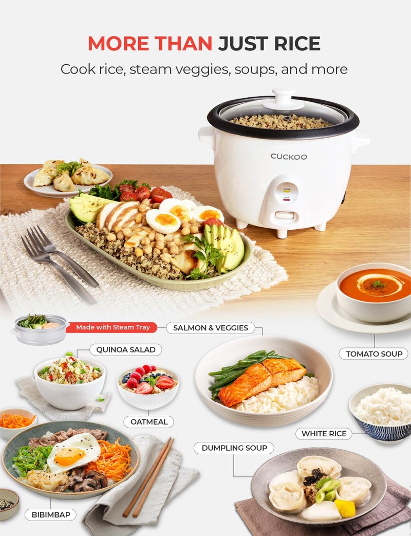 Cuckoo One Touch Rice Cooker 12-Cup Cooked, Small Rice Cooker & Warmer with Steamer Tray, Versatile Grain Cooker, Soup Maker, Auto Keep Warm, 6-Cup Uncooked, White (CR-0601C) - Image 3